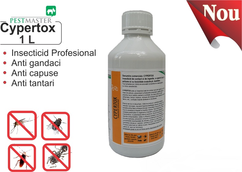 Insecticid profesional impotriva gandacilor, puricilor, mustelor, tantarilor, furnicilor - Cypertox 1L  